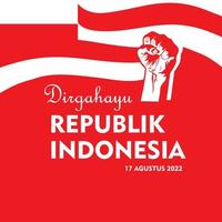 biglietto di auguri per la festa dell'indipendenza indonesiana con il concetto di pugno, bandiera indonesiana su sfondo rosso fuoco. dirgahayu significa longevità della repubblica indonesiana. adatto per design, illustrazione, banner vettore