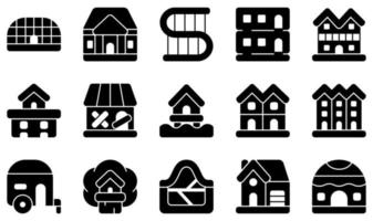 set di icone vettoriali relative al tipo di case. contiene icone come proprietario, palazzo, casa moderna, attico, baracca, palafitta e altro ancora.