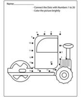 punto per punto bambini puzzle foglio di lavoro disegno cartone animato veicolo da costruzione. traccia e colora il gioco educativo. vettore