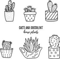 vettore doodle cactus e succulenta raccolta di illustrazioni. piante da appartamento in linea nera in un set di vasi. ottimo per diversi tipi di design e sfondi