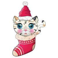 carino cartone animato gatto nel un' Santa cappello nel un' Natale calza. inverno 2023, Natale e Cinese nuovo anno. vettore