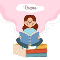 un' carino ragazza con un' libro si siede su libri e sogni. cartone animato illustrazione, bambini Stampa, vettore