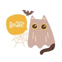 carino nero gatto indossare fantasma costume. gattino Halloween saluto carta. accogliente gattino nel lenzuolo. isolato grafico arte con lettering ruggito. mano disegnato piatto vettore illustrazione.