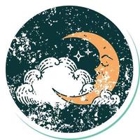iconico afflitto etichetta tatuaggio stile Immagine di un' mezzaluna Luna e nuvole vettore