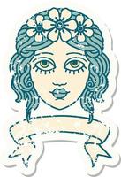 logoro vecchio etichetta con bandiera di femmina viso con corona di fiori vettore