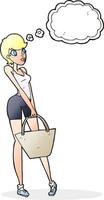 cartone animato attraente donna shopping con pensato bolla vettore
