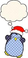 simpatico pinguino di natale e bolla di pensiero in stile fumetto vettore