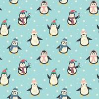 carino inverno pinguini senza soluzione di continuità modello. Natale personaggi nel caldo vestiario. vettore