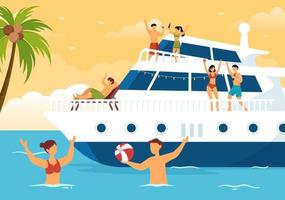yachts modello mano disegnato cartone animato piatto illustrazione con persone ballare, prendere il sole, potabile cocktail e rilassante su crociera yacht a oceano vettore