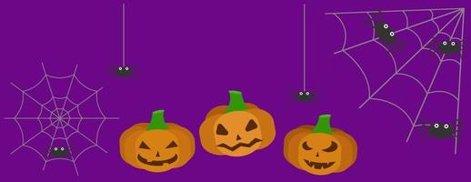 striscione. Halloween. viola sfondo, ragnatele, ragni, zucche. cartone animato vettore illustrazione.