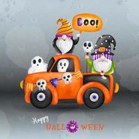 Halloween gnomo, acquerello illustrazione. Halloween gnomi su camion, fischio vettore