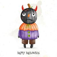 Halloween bambini con un' grande zucca su testa. contento Halloween, acquerello vettore illustrazione