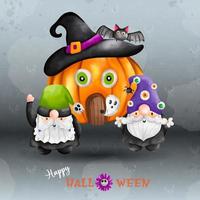 Halloween gnomo, acquerello illustrazione. Due gnomo su strega Halloween Abiti. Magia Halloween vettore