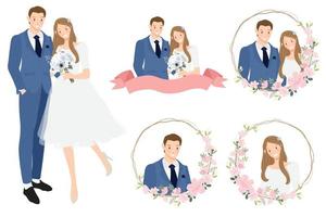 carino cartone animato giovane nozze coppia ghirlanda logo nel ciliegia fiorire ghirlanda eps10 vettori illustation