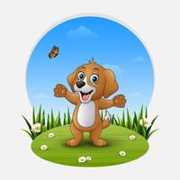 cartone animato contento cane su il erba vettore