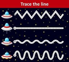 tracciare linea foglio di lavoro per prescolastico bambini con navicella spaziale vettore