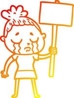 caldo pendenza linea disegno cartone animato pianto donna con protesta cartello vettore