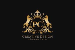 iniziale pc retrò d'oro cresta con cerchio e Due cavalli, distintivo modello con pergamene e reale corona - Perfetto per lussuoso il branding progetti vettore