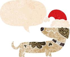 cartone animato cane indossare Natale cappello e discorso bolla nel retrò strutturato stile vettore