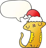 carino cartone animato gatto indossare Natale cappello e discorso bolla nel liscio pendenza stile vettore