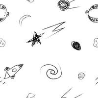scarabocchio cosmico senza soluzione di continuità modello nel infantile stile. mano disegnato astratto spazio elementi. nero e bianca vettore