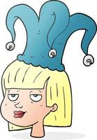 a mano libera disegnato cartone animato femmina viso con giullare cappello vettore