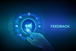 feedback. cliente soddisfazione concetto su virtuale schermo. qualità opinione. valutazione servizio in linea. revisione testimonianze. robotica mano toccante digitale interfaccia. vettore illustrazione.