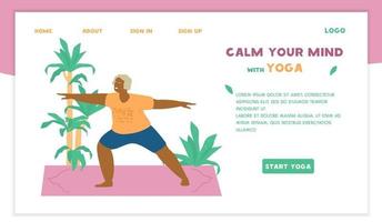 yoga per gli anziani vettore sito web modello.sorridente africano americano vecchio signora nel guerriero posa praticante su yoga stuoia circondato con impianti. motivazionale bandiera per gli anziani. piatto design.