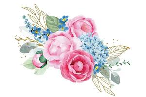 acquerello disegno. mazzo, composizione di eucalipto fiori e foglie, d'oro le foglie e elementi. rosa rosa fiori, peonia, blu ortensie. vettore