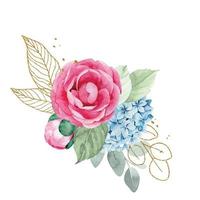 acquerello disegno. mazzo, composizione di eucalipto fiori e foglie, d'oro le foglie e elementi. rosa rosa fiori, peonia, blu ortensie. vettore