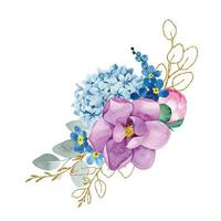 acquerello disegno. mazzo, composizione di eucalipto fiori e foglie, d'oro le foglie e elementi. rosa rosa fiori, peonia, blu ortensie. vettore