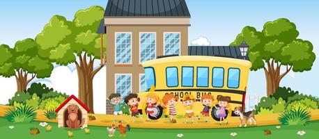 bambini e scuolabus in background all'aperto vettore