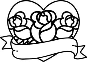 tatuaggio nel nero linea stile di un' cuore e bandiera con fiori vettore