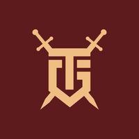 logo icona lettera tg con scudo e Due spada azione vettore