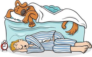 cartone animato cane addormentato nel letto e il suo proprietario su il pavimento vettore