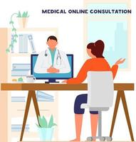in linea medico consultazione concetto. donna seduta a scrivania a casa parlando per medico di video conferenza. piatto vettore illustrazione.