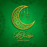 Ramadan kareem saluto carta con d'oro mezzaluna islamico simbolo e Arabo calligrafia vettore