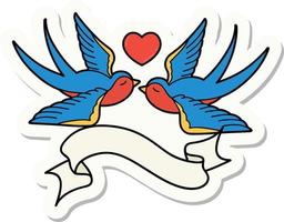 tatuaggio stile etichetta con bandiera di rondini e un' cuore vettore