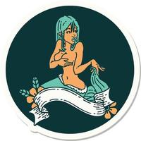 etichetta di tatuaggio nel tradizionale stile di un' ragazza copertina sirena con bandiera vettore