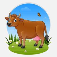 cartone animato Marrone mucca su verde prato vettore