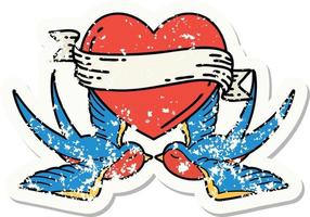 afflitto etichetta tatuaggio nel tradizionale stile di rondini e un' cuore con bandiera vettore