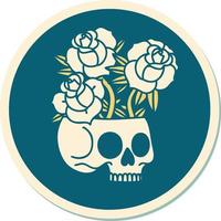 etichetta di tatuaggio nel tradizionale stile di un' cranio e Rose vettore