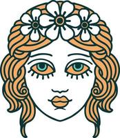 iconico tatuaggio stile Immagine di femmina viso con corona di fiori vettore