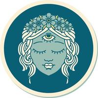 etichetta di tatuaggio nel tradizionale stile di femmina viso con terzo occhio e corona di fiori vettore