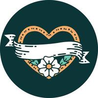 iconico tatuaggio stile Immagine di un' cuore e bandiera con fiori vettore