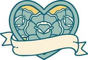 iconico tatuaggio stile Immagine di un' cuore e bandiera con fiori vettore