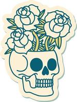 etichetta di tatuaggio nel tradizionale stile di un' cranio e Rose vettore