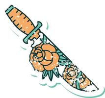 iconico afflitto etichetta tatuaggio stile Immagine di un' pugnale e fiori vettore