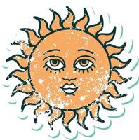 iconico afflitto etichetta tatuaggio stile Immagine di un' sole con viso vettore
