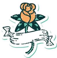 iconico afflitto etichetta tatuaggio stile Immagine di un' rosa e bandiera vettore